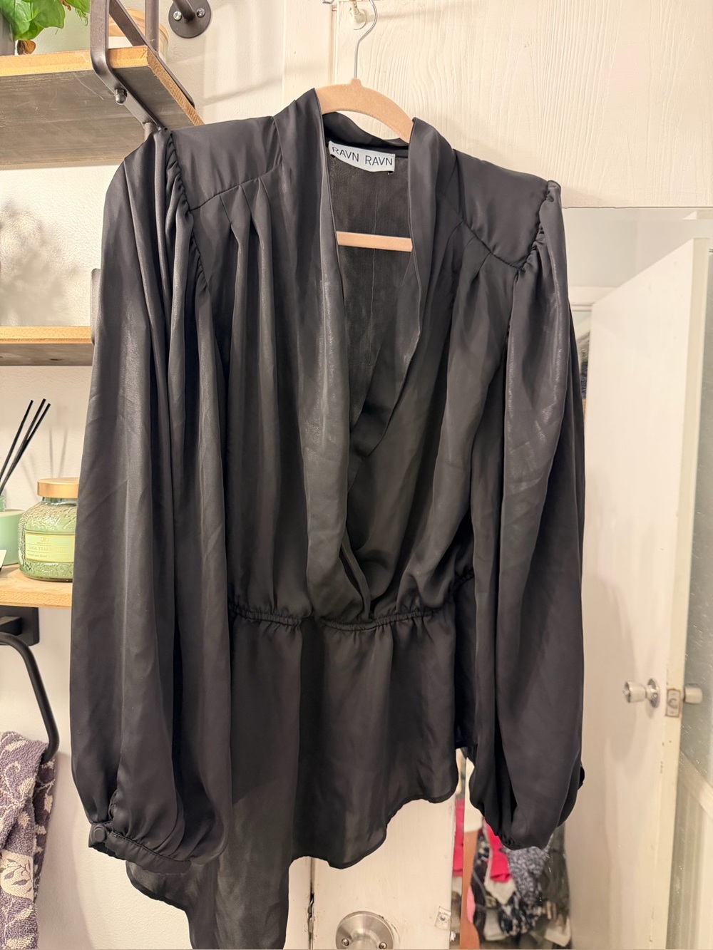 Ravn Ravn Black Draped Satin Blouse Xl